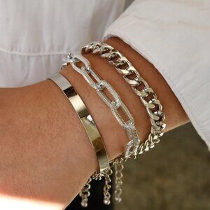 NEW Modernist Three Piece Silver Chain and Bangle Bracelet Set